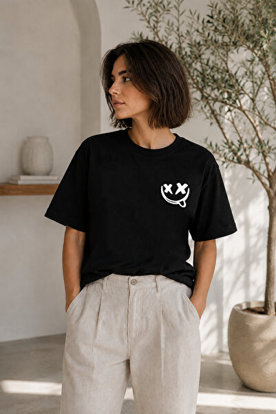 BAGAND Premium Smiling Face Printed Black Oversize Unisex T-Shirt