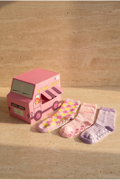Katia&Bony Girl's 3-Piece Pink Bus Boxed Cotton Socks School Socks