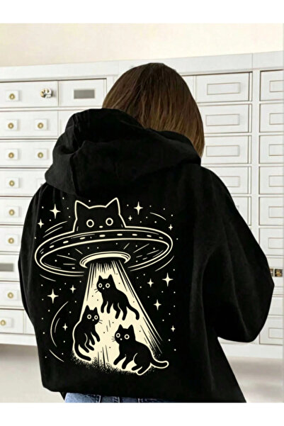 Revasser Unisex Kadın/Erkek Uzaylı Kedi Baskılı Özel Tasarım Oversize Pamuklu...