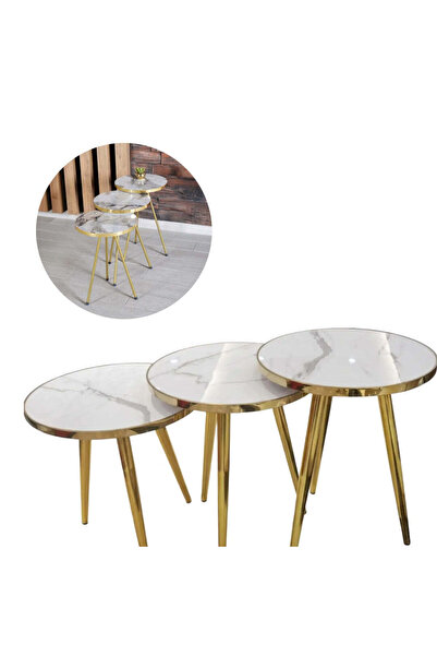 Generic Set 3 Măsuțe Cafea Rotunde Nesting, Efect Marmură și Cadru Auriu