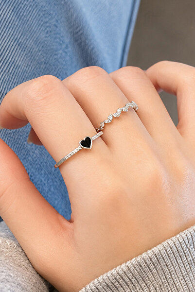 THE Steel Silver Color Black Heart and Stone 2-Piece Women's Ring Set