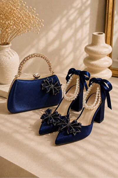 Ludira Navy Blue Milano Fabric Bow Detail 7 cm Heeled Elegant Shoes and Bow E...