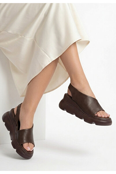 ALFA AKSESUAR 03 Todo Brown Leather Wedge Heel Sandals