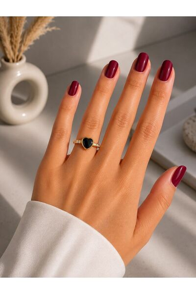 MARE BUTİK Black Heart Enamel Zircon Stone Steel Ring – Gold