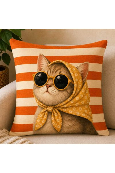 Pillow Home Set of 4 Orange Striped Cat & Dog Patterned Digital Printed Decorative Throw Pillow Covers