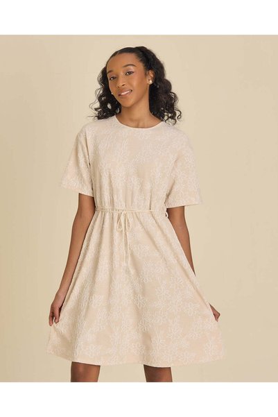 REDTAG Senior Girls Beige Jacquard Short Sleeve Dress