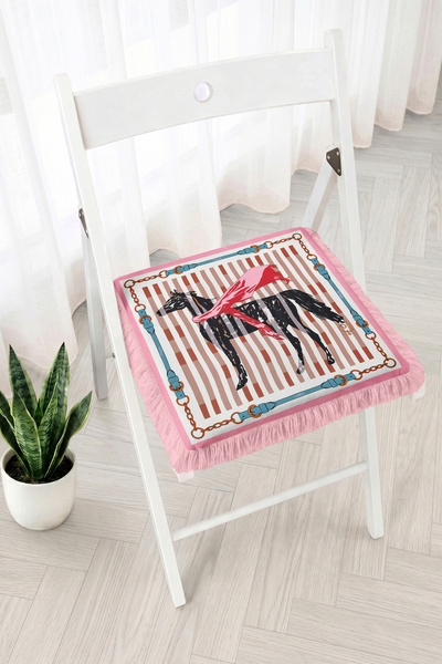 Realhomes Horse Figured Striped Patterned Fringed Zippered Chair Cushion - Mo...