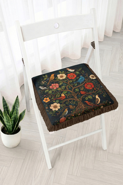 Realhomes Fringed Zippered Chair Cushion with Bird and Floral Tree Pattern - ...