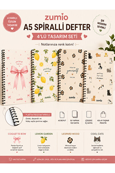zumio A5 Spiralli Çizgisiz Defter 4'lü Set 50 Yaprak Renkli Tasarımlı Okul ve Not Defteri