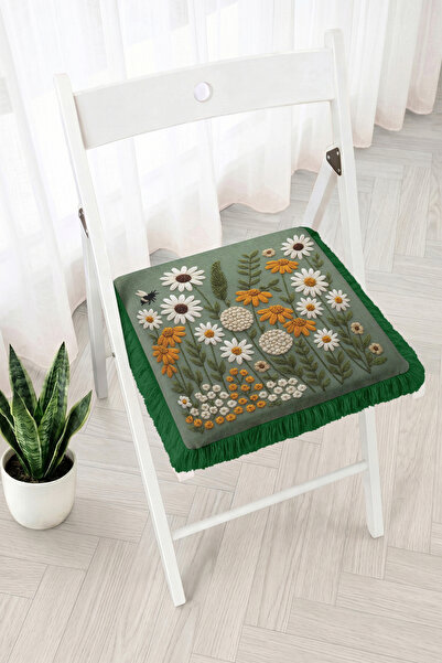Realhomes Daisy and Floral Embroidery Look Fringed Zippered Chair Cushion - V...