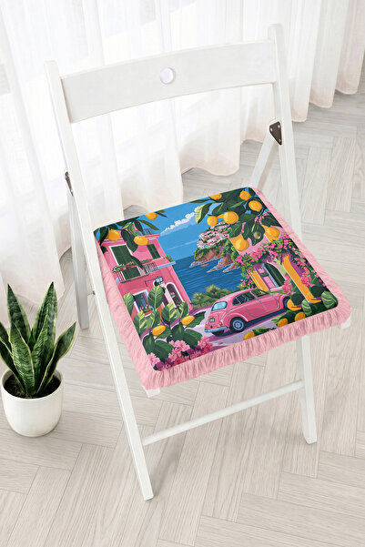 Realhomes Lemon Garden and Seaside Town View Fringed Zippered Chair Cushion -...