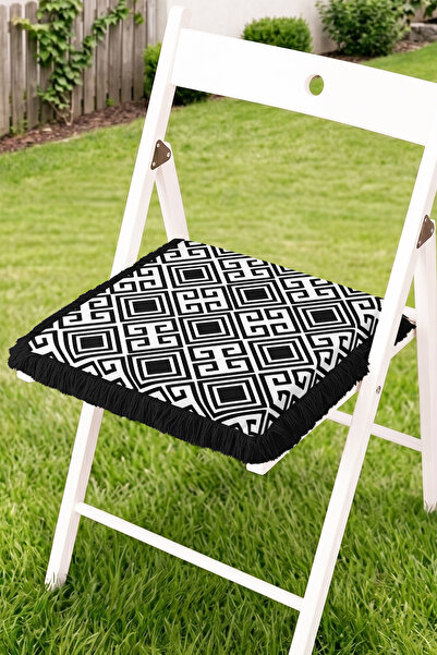 Realhomes Black and White Geometric Maze Pattern Fringed Zippered Chair Cushi...