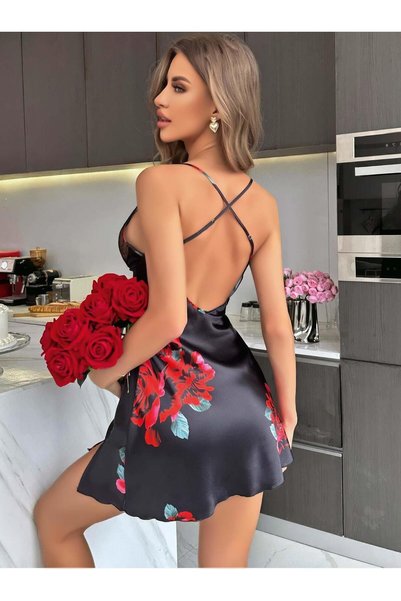 mr owl Women's Black Red Rose Patterned Lace Detailed Mini Satin Nightgown