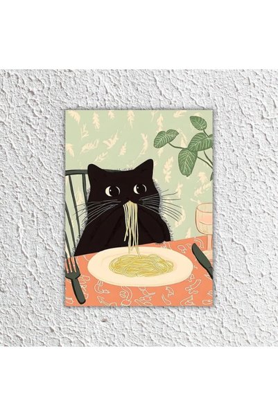 Çılgıntrend Poster cu ilustrație a pisicii negre care mănâncă paste - Decor amuzant de perete pentru bucătărie