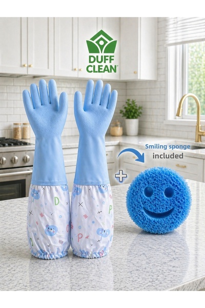 DUFF CLEAN L Size Dishwashing Gloves +Sponge. Long Sleeve Kitchen Cleaning Gl...