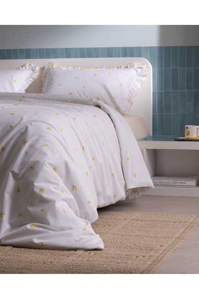 Madame Coco Nelly Double Size 100% Cotton Ruffled Printed Bed Sheet and Duvet Cover Set - White/Yellow