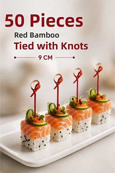 alenked Red Bamboo Knotted 9cm Cocktail Toothpicks 50 Pieces