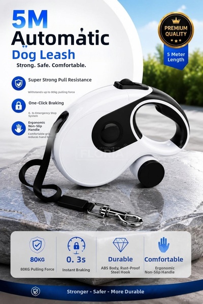 Floria 5-Meter Automatic Dog Leash with Powerful Braking System, Ergonomic No...