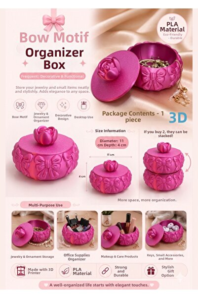 Mus3D Bow Motif Organizer Box - Plastic - 11 cm Diameter - 1 Pc