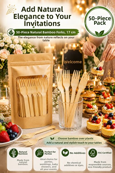 OpenCity 50-Piece Natural Bamboo Forks 17 cm Disposable Party Invitation Picn...