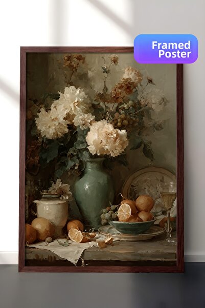 Zestia Vintage Wall Art Painting, Flower and Fruits in Vase Brown Framed No: ...