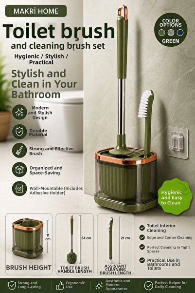 MAKRİ HOME Toilet Brush and Cleaning Brush Set, Green, Wall Mountable, 45 cm