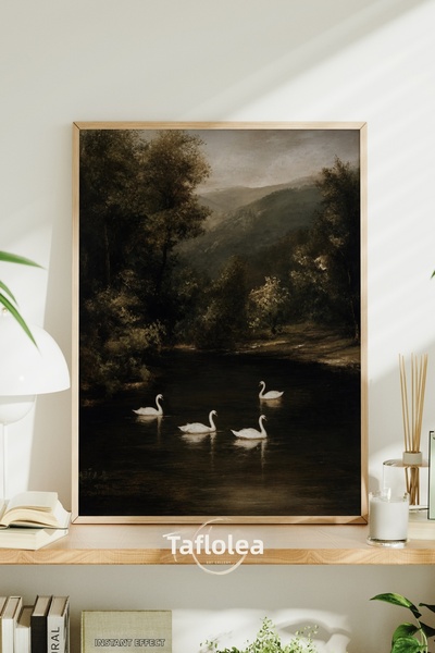 tablodea Pictură vintage cu lebădă, cu vedere la lac, pictură decorativă de p...