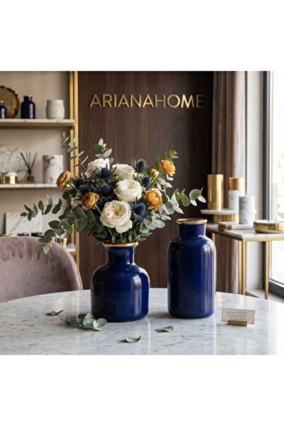 ariana sytle Ceramic Bohemian Navy Blue Gilded 2-Piece Vase