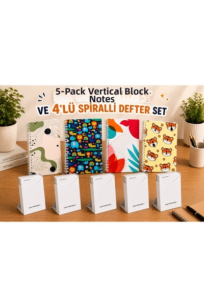 ATALAYREKLAM Set of 4 Striped Spiral Notebooks + 5 Boxed Vertical Notepads (D...