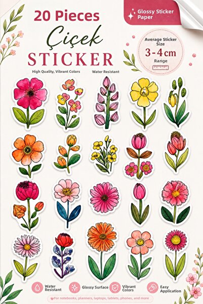 TRİMENT3D Botanical Flower Sticker Set – 40 Pieces Decorative Sticker Collection