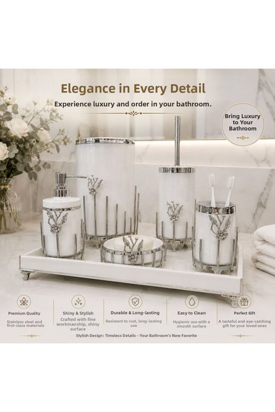 GLORİNDA HOME Luxury White Color Stylish 5-Piece Bathroom Set with Silver-Detail Accessories