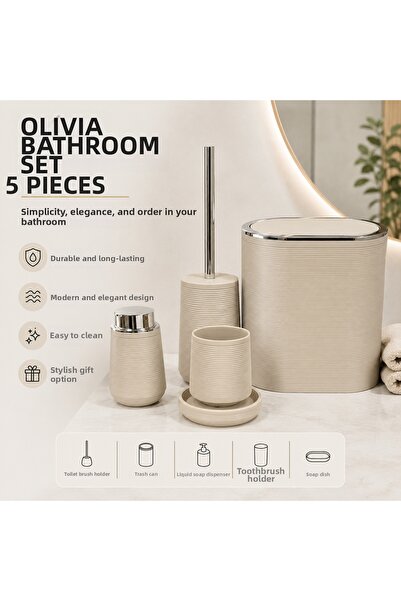 kasımoğulları concept Olivia Anthracite 5 Piece Bathroom Set – Modern Striped...