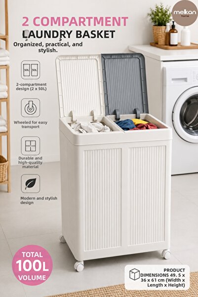 Melkan Home Coș de rufe pliabil cu roți, cu două compartimente, 100 litri – C...
