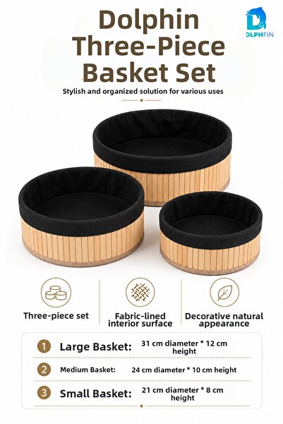 DolphFin 3-Piece Round Basket Set Fabric Covered Decorative Organizer Basket ...