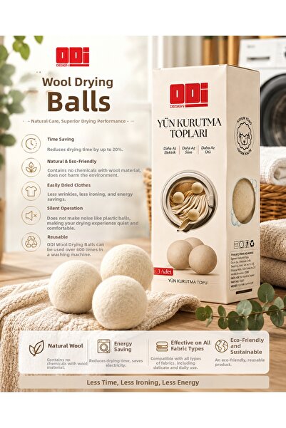 Odi Design Odi Wool Dryer Ball 3 Pieces – Natural Sheep Wool Laundry Dryer Ba...