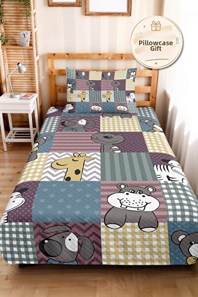 Evimde Bambaşka Safari Animal Pastel Children's Teen Room Single Pique Set-Bl...