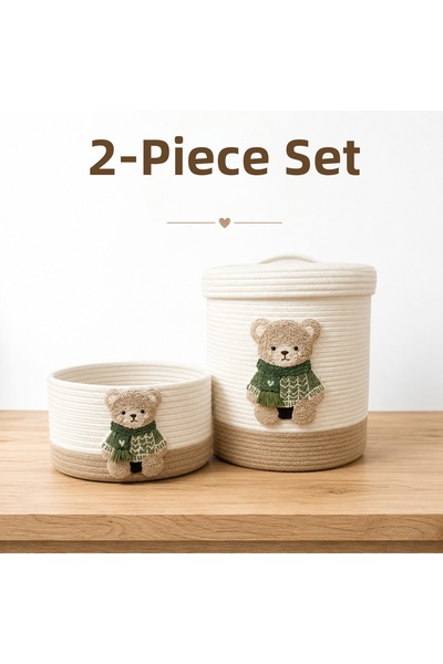 Berçak Home Set of 2 Wicker Baskets with Teddy Bears |   Covered & Open Baske...