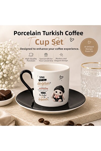 veracraft Porcelain Turkish Coffee Cup - Black Plate with Heart Design - Happ...
