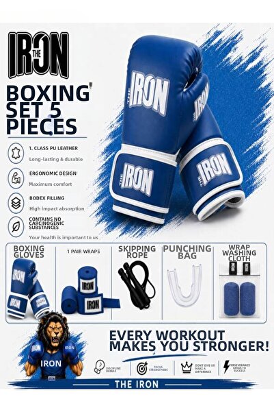 THE IRON طقم ملاكمة مكون من 5 قطع - قفازات ملاكمة + ضمادة بطول 3.5 متر + حبل ...