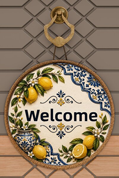 Rugmood زينة باب دائرية بتصميم الليمون مع كتابة ترحيبية، طباعة رقمية 30x30 سم