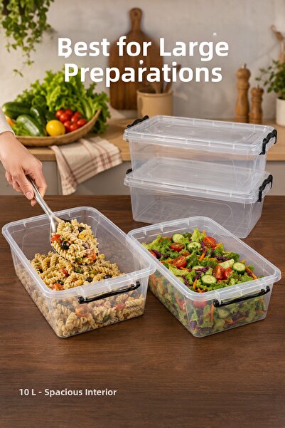 Vienev Set of 4 Lockable Lid Storage Containers 10 Lt Transparent Rectangular Microwave Compatible Storage Box