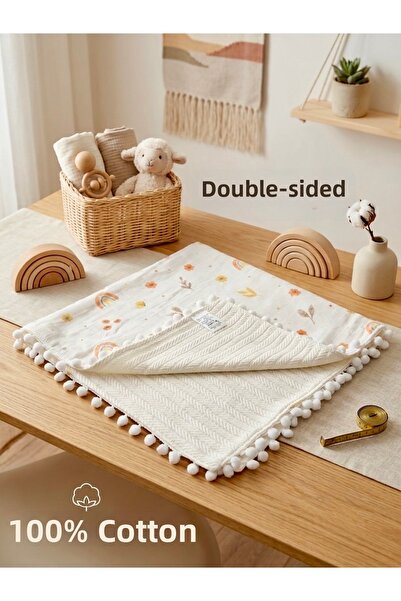 Valora Concept Double-Sided Pompom Muslin Pique Blanket 100% Cotton 80Cmx80Cm