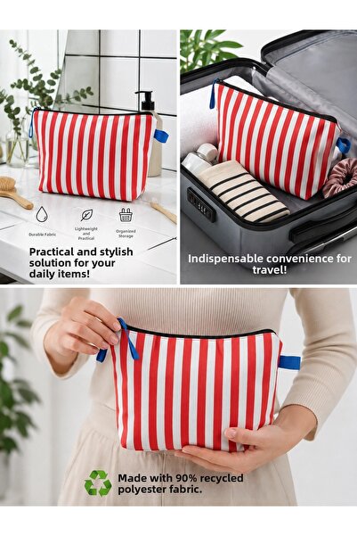 IKEA 4-Compartment Hanging Makeup Bag - Travel Organizer - Red/White Striped