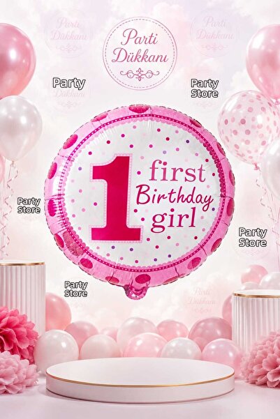 Parti Dükkanı 18 Inch Pink 1 First Birthday Girl Foil Balloon 45 cm Helium Co...