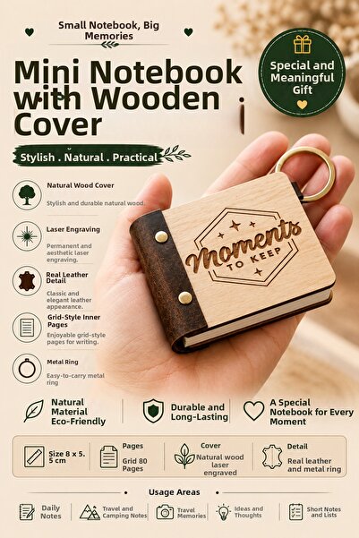 ROKH 🌿   Mini Notepad with Wooden Cover, Leather Detail, Laser Engraved Gift