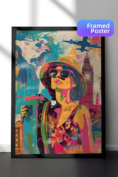Zestia Πίνακας τοίχου ταξιδιωτικών θέματος Pop Art με μαύρο πλαίσιο, Κολάζ τα...
