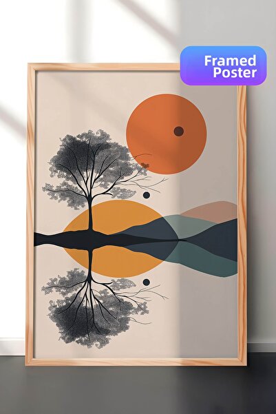 Zestia Pictură murală minimalistă cu ramă din lemn, siluetă de copac și refle...
