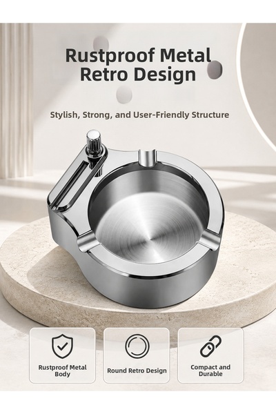 FTA TİCARET Lighter Ashtray Stainless Metal Round Design
