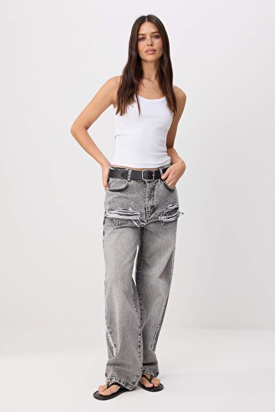 Trendyol Collection Gray Ripped Detailed High Waist Wide Leg Jeans Twoss26Je0...