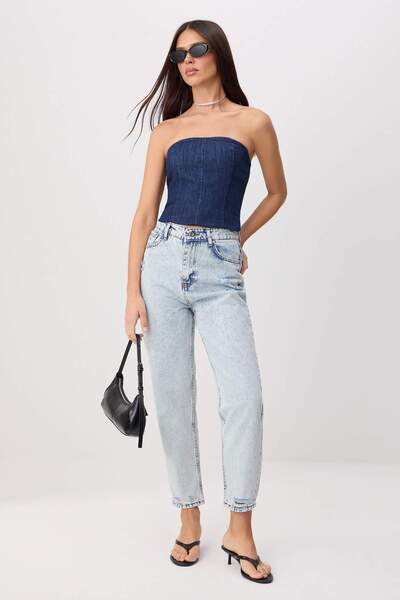 Trendyol Collection Light Blue High Waist 100% Cotton Non-Stretch Mom Jeans T...